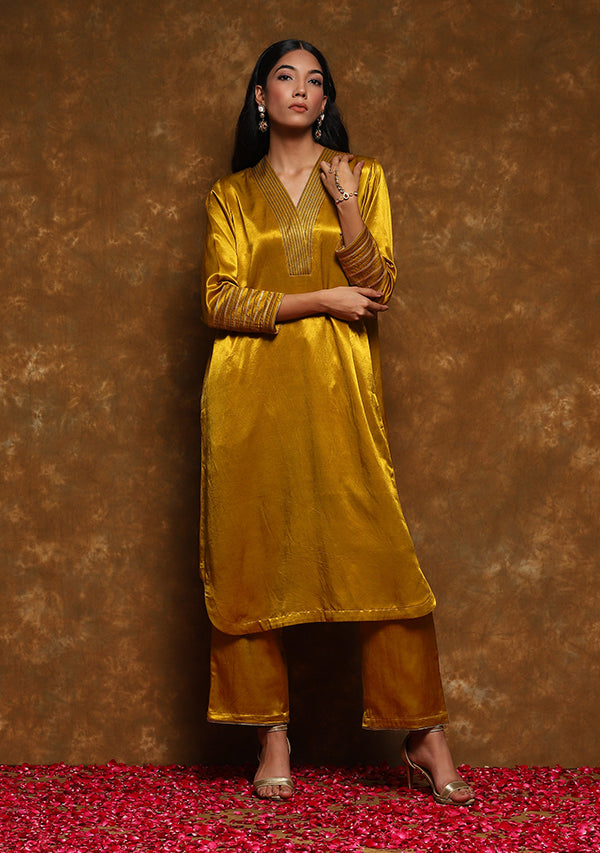 Grey and golden block print kurta with dhoti pants